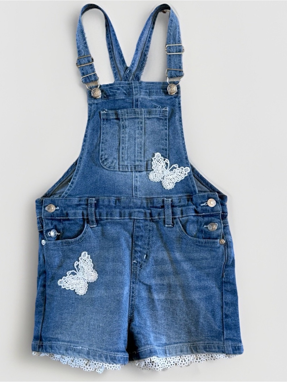 Beautees Girls Denim Short Overalls Size S 7/8 Butterfly Lace Trim Cute Summer